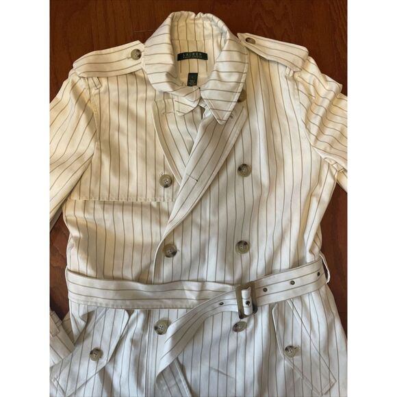 Ralph‎ Lauren Women's Ivory And Khaki Pinstripe Trench Coat And Dress Size L - Picture 2 of 13